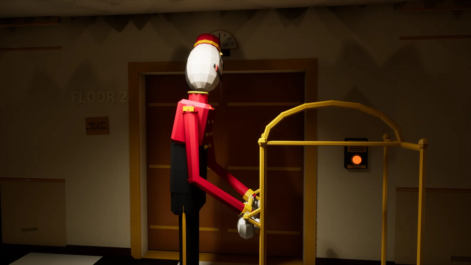 The Bellhop, a tall figure in a red uniform, stands by a brass luggage cart outside the elevator doors