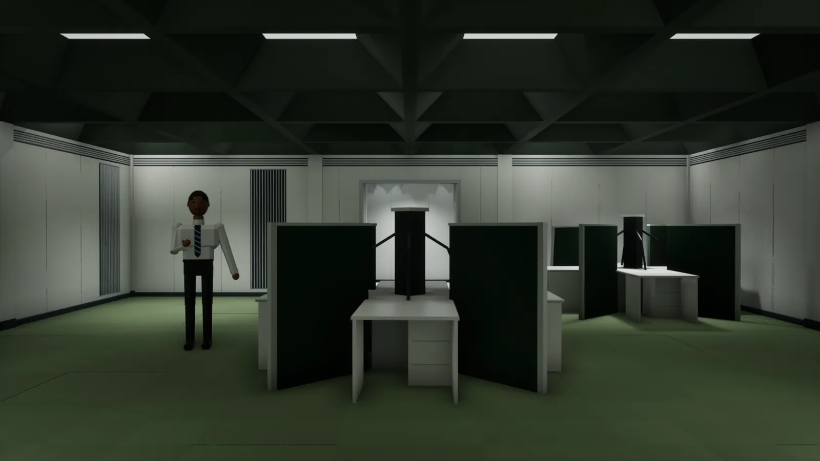 A man in a suit waits among the cubicles of a dim, green-lit office floor