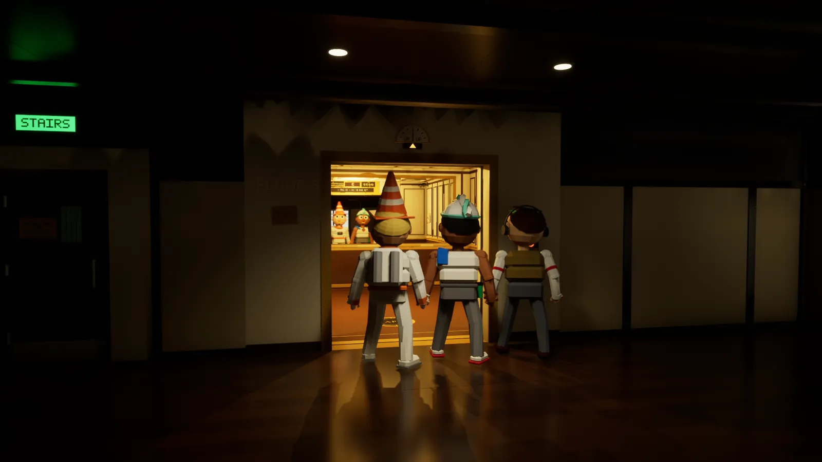 Three guests walk from a dark floor back toward the lit, open elevator car