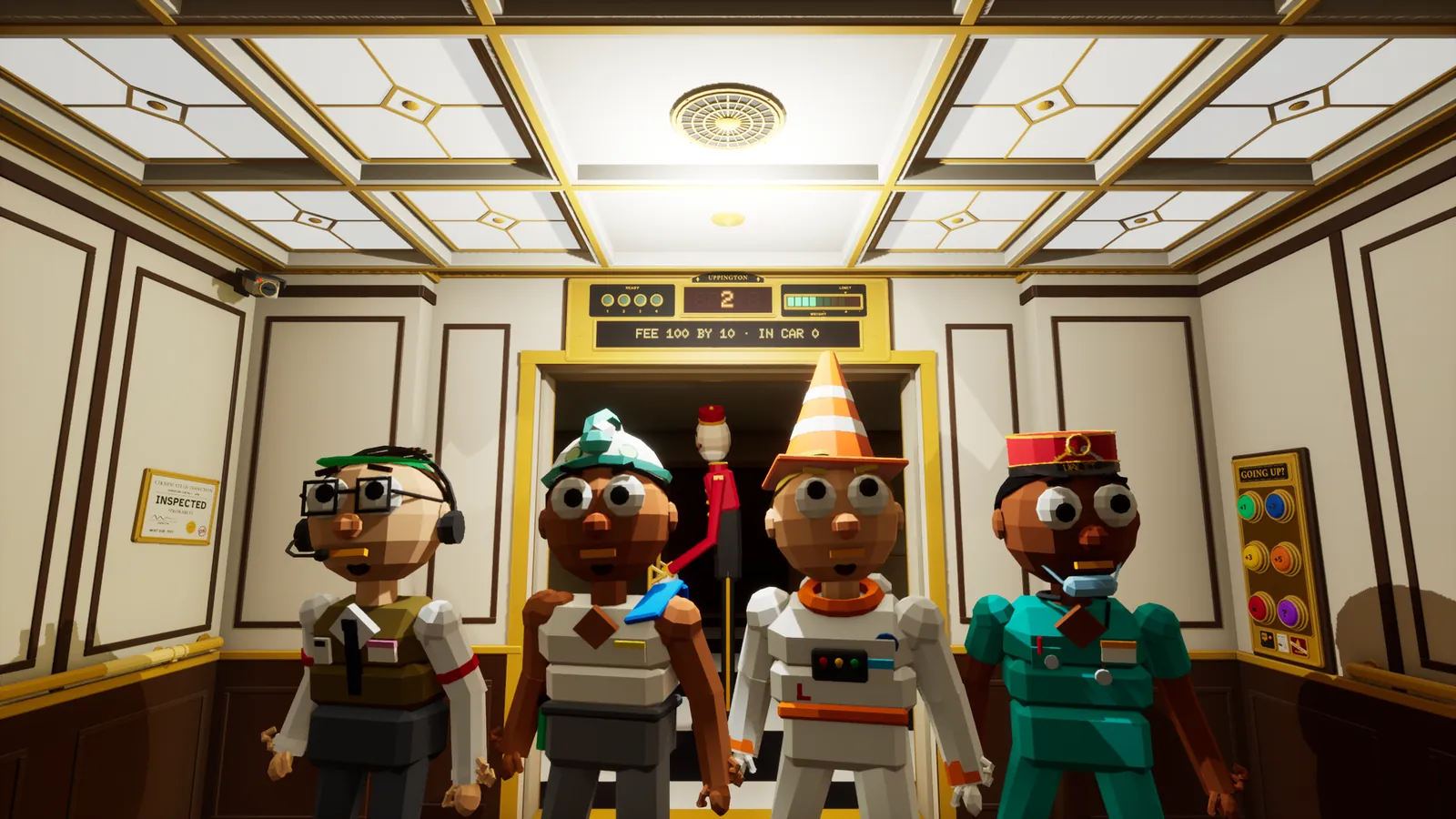 Four players in the elevator car, one in a traffic-cone hat, ready to ride