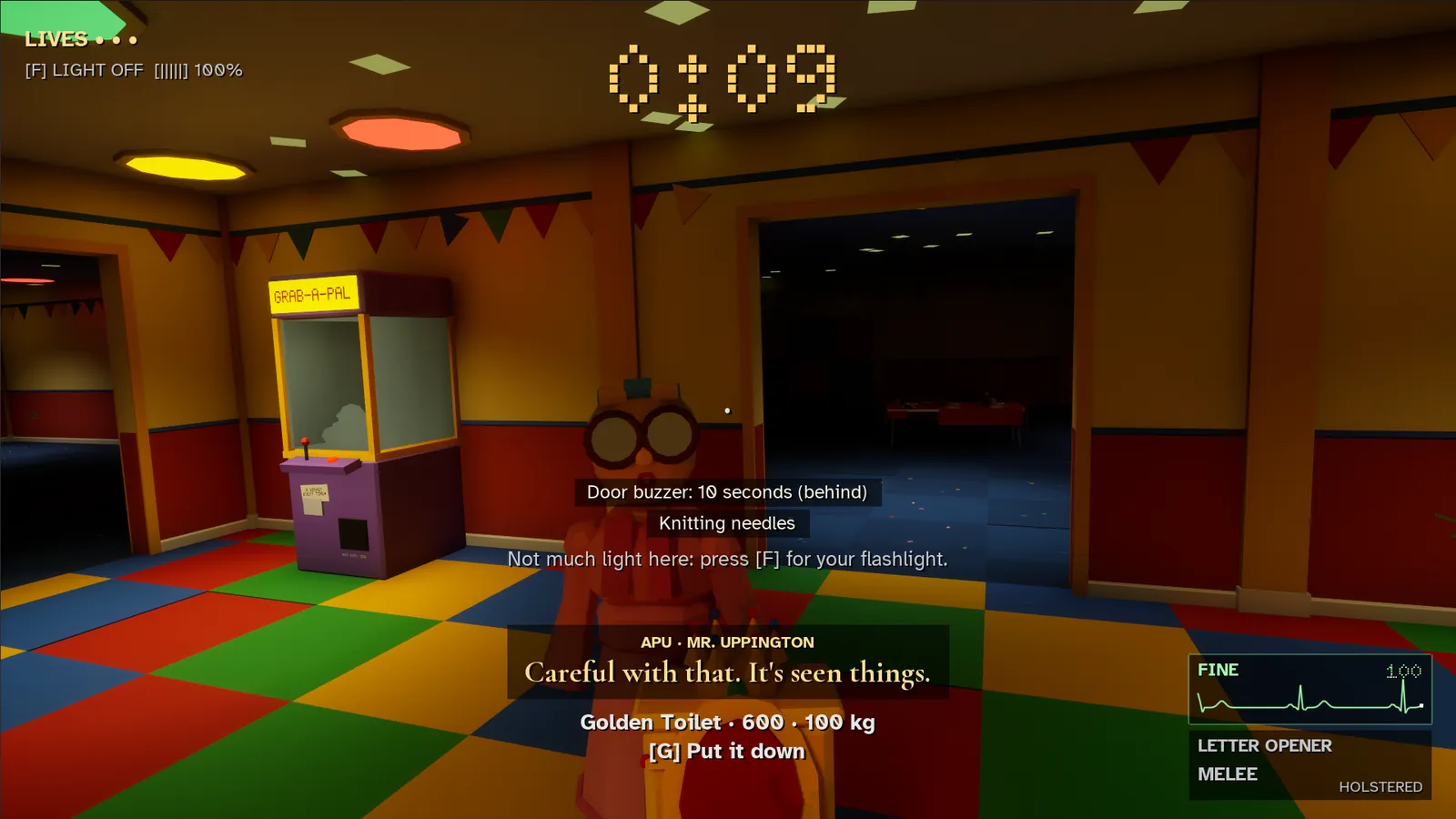 A guest carries the golden toilet across a toy-shop floor while Mr. Uppington comments in the subtitles