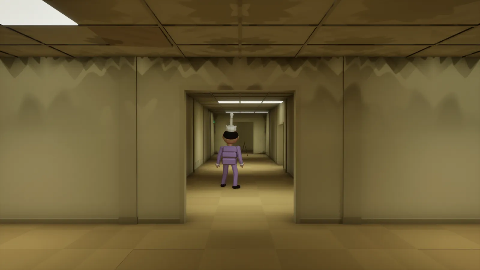A guest in a party hat at the end of a long, empty, yellow-walled corridor