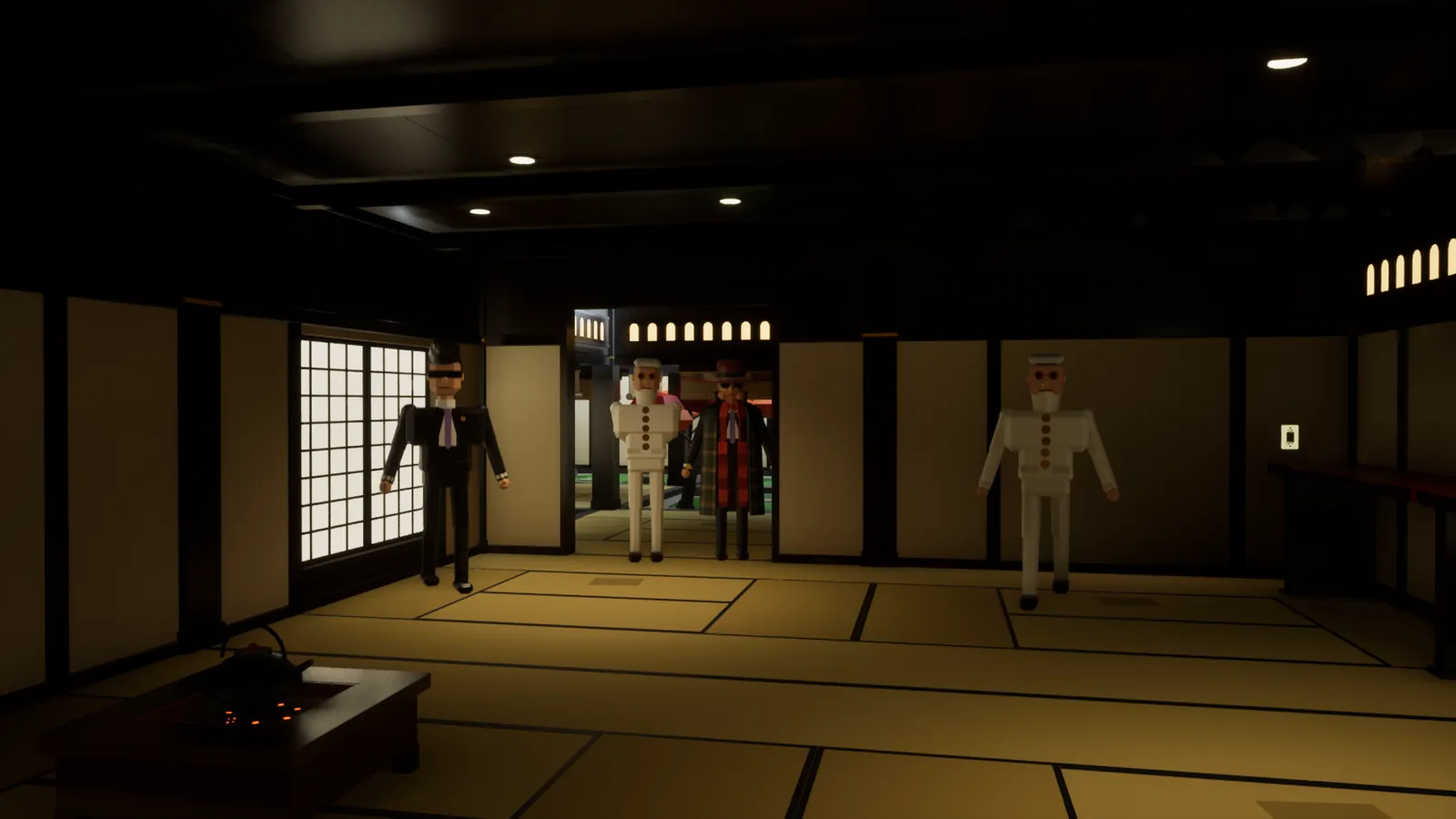 Suited figures in a dark tatami room behind paper screens